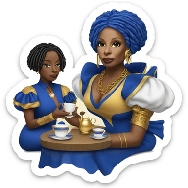 Attitude drinking tea Mary j blige with blue and gold locs wearing a royal blue and gold dress  sticker