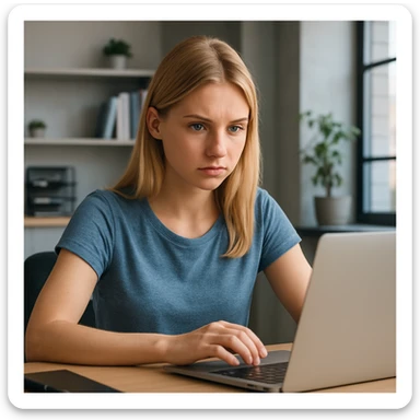 Blonde girl with blue eyes working on a laptop sticker