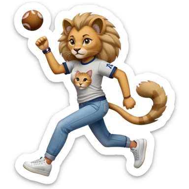 friendly anthropomorphised female lion in a baseball shirt, jeans, and trainers helping a hip-hop, RUN DMC-inspired female cat up after falling down sticker
