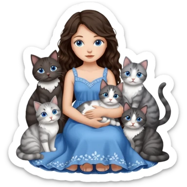 detailed realistic looking a dark grey and white cat regally sitting with six other cats, cuddling with their owner who is a pretty bratz lightly tanned white girl with long dark brown hair, blue eyes and gorgeous long wavy hair wearing a pretty detailed dress sticker