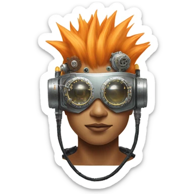 Light orange Mohawk hair make cyborg head with silver steampunk goggles and circuits sticker