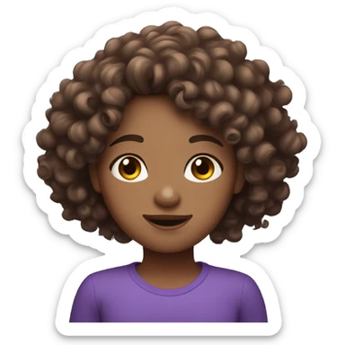 Curly brown haired girl with freckles wearing purple sticker