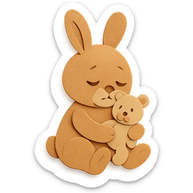 flawless, highly detailed, high quality paper craft style illustration of a caramel-colored bunny holding a teddy bear, eyes drooping, perfect proportions, no imperfections, intricate textures, soft lighting, delicate cut-paper details sticker