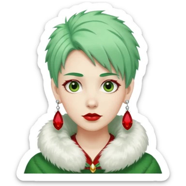 white furred unicorn with green hair and big red earrings looking into camera sticker