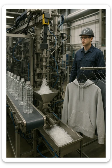 vertical realistic image in 2:3 aspect ratio of a factory transforming PET plastic bottles into polyester clothes. Show bottles, industrial machinery, and finished garments. Professional atmosphere, detailed industrial setting. sticker