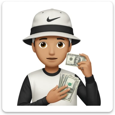 Man with money in his hand covering his face wearing a white and black hat and a Nike tech  sticker