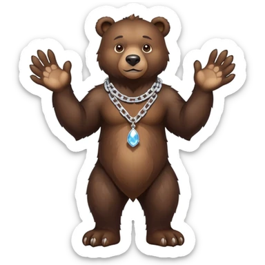 Full-body dark brown bear with rich detailed fur, entire bear shown realistically on four paws, stern look, ice chain necklace, natural stance sticker