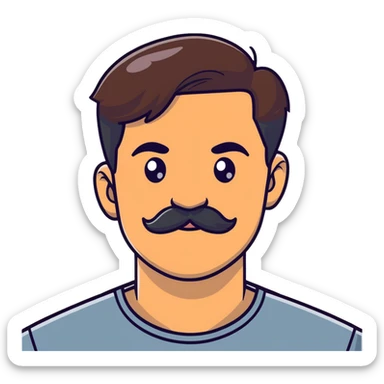 close-up of man face only with mustache, medium eyes, medium light skin tone, dark hair, no neck visible, just the face sticker