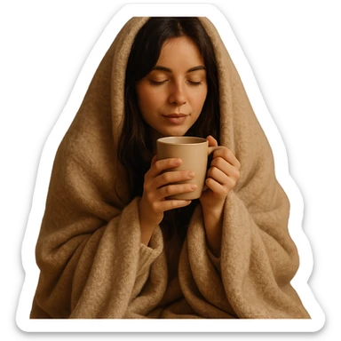girl brunette inside a blanket sipping coffee, eyes closed, cozy and warm atmosphere, variation 2 sticker