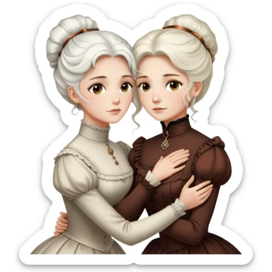 Two Victorian women with light eyes hugging closely, one with elegant white coiffed hair and one with dark copper coiffed hair, both wearing high-necked Victorian turtleneck dresses sticker