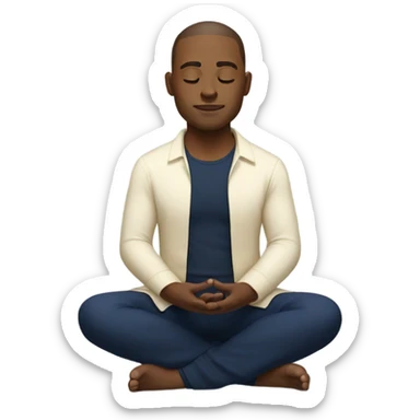 Light skinned man meditating sitting down with cream shirt and navy blue pants.  sticker