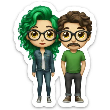 A heavy set boy with brown hair and a mustache is kissing a green haired girl who is thin and wearing glasses both have tattoos sticker