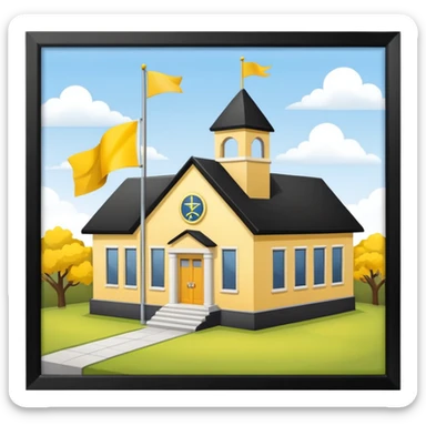 magic school, with a flag, flag on a roof, yellow flag, white school sticker