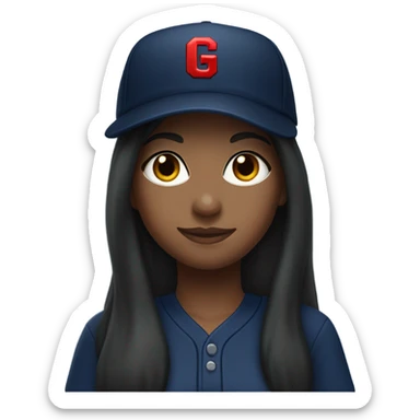 Black long hair girl wearing navy ballcap emblazoned with a red G initial and wearing baseball uniform sticker