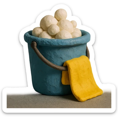 bucket with bubbles and cleaning cloth in claymation style, soft matte finish sticker