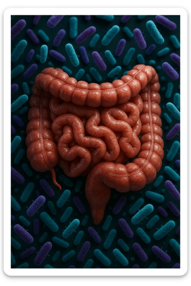 intestino umano anatomico realistico pieno di batteri intestinali viola e turchesi che gli fluttuano intorno, IPERREALISTICA 4K sticker