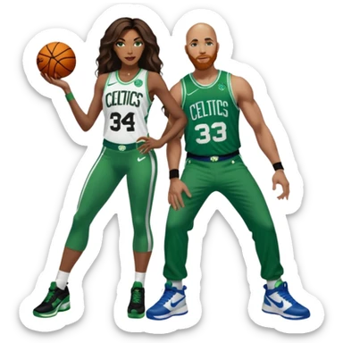 in love. one black woman and one white man: 48-year-old black woman with brown eyes, long dark brown balayage hair dressed in sexy 
celtics jersey costume outfit and stilettos with bald white man with ginger beard, and blue eyes, in a Jason Tatum Boston Celtics Jersey, jeans and Nike sneakers  sticker