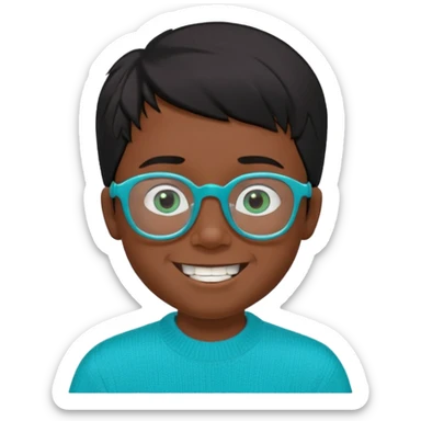 Chico de 7 años, pelo negro y repeinado, piel oscurita, gafas rectangulares azules, sonriente sin 1 diente, jersey verde turquesa y ojos rasgados, no redondeados sticker