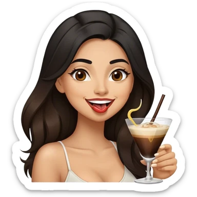 Happy looking TOUNGE out black haired female Hispanic looking  drinking espresso martini long hair brown balayage  sticker