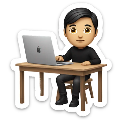memoji of a man with a laptop in front, apple-style, fair white skintone,modern,black hair,black sweater,computer in hand,sitting on his desk sticker