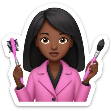 Cosmetologist, dark skin, long black hair, with cosmetology brush, and pink coat sticker