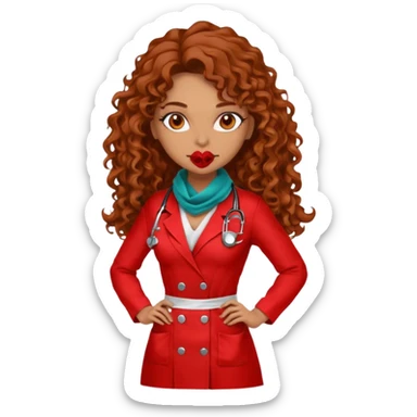 Sensual Spanish Lilith core evil surgeon.red outfit.  Surgeon has hazel eyes. Her hair is BROWN. Hair is also  long and  curly. wearing a sexy surgeon outfit with platform  heels.she is a calculated smart killer. She covers only her mouth and nose with silk scarf to hide identity  sticker