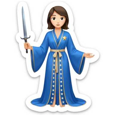 An upright Europe (a tall woman), wearing a blue, flowing robe with stars on the hem. In the background stands a man, with a knife sticker