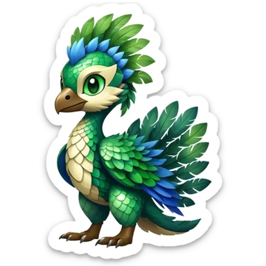 Cute cool fantasy animal hybrid Fakemon full body, green scales, green leaves, brown eyes, blue feathers sticker