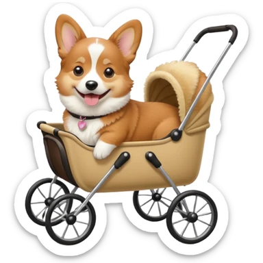 realistic corgi sitting in a dog stroller, apple style emoji, corgi looks real sticker