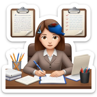 a girl with brown hair on a desk writing on a note book with a lot of papers around and on the papers is writing business strategy  sticker