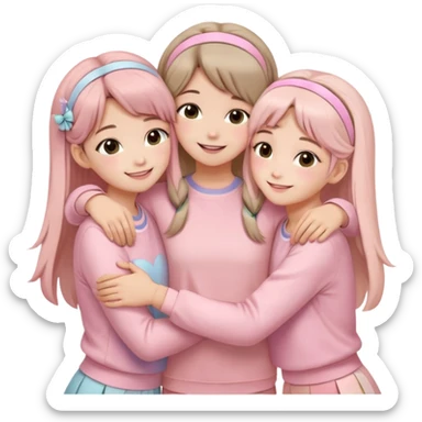Four girls hugging each other, all wearing soft pink clothes, two with long hair and two with shoulder-length short hair, smiling, with hair accessories like headbands or ribbons, pastel color palette, soft shading, make someone pose with two fingers and someone kisses his cheek sticker