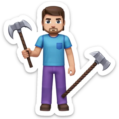Steve from Minecraft, character with blue shirt and purple pants, holding a pickaxe sticker