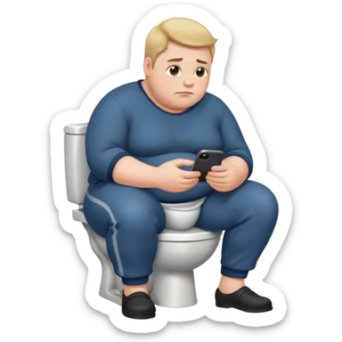 heavyset person sitting on the toilet, pants down at ankles, scrolling through phone sticker