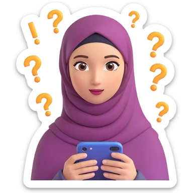 confused young woman in hijab, question marks circling her head, iPhone memoji style, 3D, soft lighting sticker