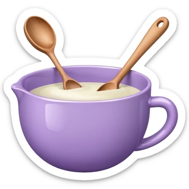 a lilac ceramic mixing bowl with a wooden spoon stirring sticker