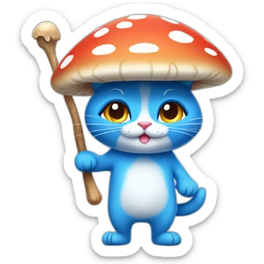  Cute Blue Cat NO ears wearing a mushroom cap carrying a stick in one arm standing on two legs sticker