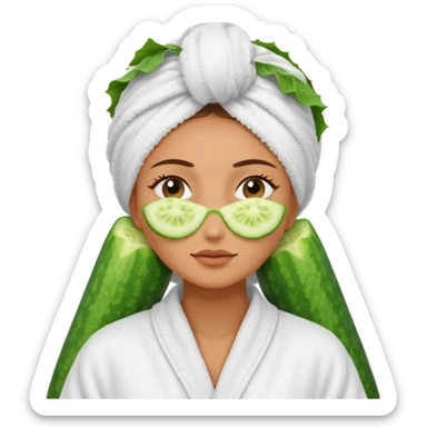 woman at the spa with cucumbers slices covering her eyes and tan skin tone with towel completely covering hair and robe on sticker