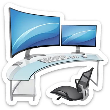 Create an emoji for UX/UI design. Show  large curved monitor displaying windows with UX/UI design HTML program interface. Include a mouse, keyboard, and stylus next to the screens. Use modern, professional colors. Do not include any emojis or smiley faces. Make the background transparent. sticker