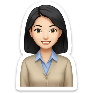 Asian woman with shoulder length black hair smiling business casual shirt sticker