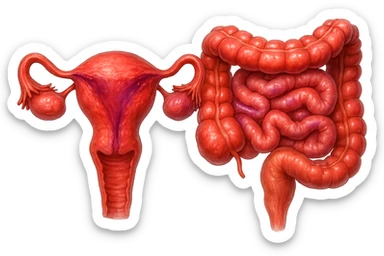 utero umano anatomico iperrealistico e intestino umano anatomico iperrealistico hanno in comune il dolore e l'infiammazione, rendi bene il collegamento tra i due organi doloranti, falla iperrealistica, non disegnata, fai colori che si adattano a questo viola #971ef1 sticker