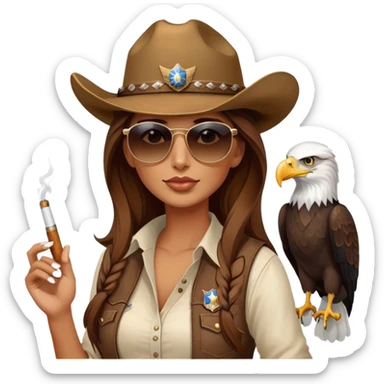 Country woman in cowboy hat with long brown hair with sunglasses with bald eagle on her shoulder and a cigarette in her mouth  sticker