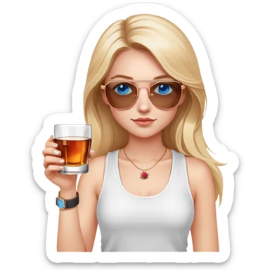girl with long blond hair
with blue eyes
and aviator sunglasses
wearing white tank top 
holding a glass of whiskey, wearing rose gold apple watch  sticker