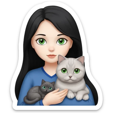 Black long hair, white skin, pretty black eyes, a woman with a gray Scottish fold green eye cat and a white blue eye cat
 sticker
