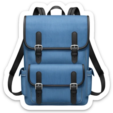 a blue denim backpack with a flap top, two vertical *black buckle straps* on the front. The backpack has two side pockets and a soft square shape. 

 sticker