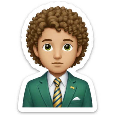 Make me an emoji of a boy with light brown skin, and his hair is voluminous and curly. And his chin is sharp with a nice jawline, and his eyebrows are more of rounded out eyebrows and they’re thick,but not too thick, and one of his eyebrows has a slit in it. And he’s wearing a green jacket with a white shirt poking out and the white shirt has a tie with gold and blue stripes on it  sticker