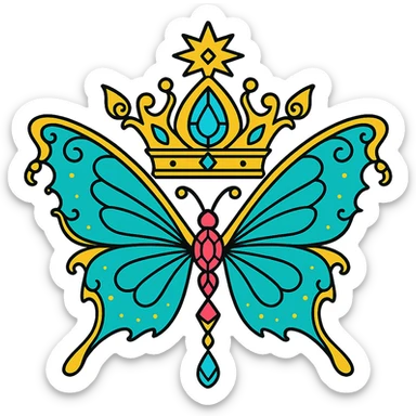Make four variants by changing only the main color of the butterfly and crown to different shades of cyan (from light to neon), keeping all gold details, shapes, and style exactly as in the original. Output must be PNG with transparent background, for Discord role icon use. sticker