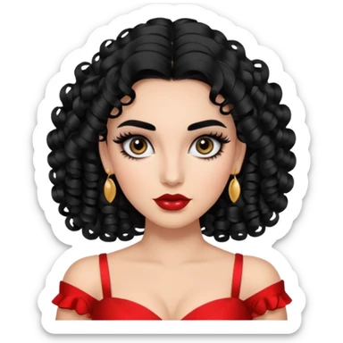 generate the emoji of a girl with fair skin, black hair, bombshell curls, black eyes, long false eyelashes, black eyebrows, latina makeup sticker