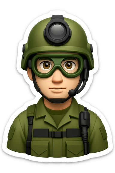 Change to a different, distinctive modern helmet design with night vision goggles, keep white-skinned male soldier, green gear, cool and brutal style, in emoji style, no background. sticker