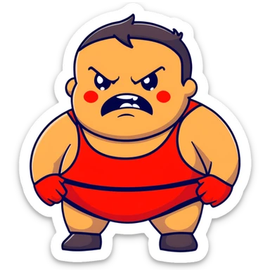 Close-up of white skin fat guy with young face, no muscle with prominent black durag, completely shaved face, no beard or mustache, black eyes in a red and black wrestling singlet with angry face sticker