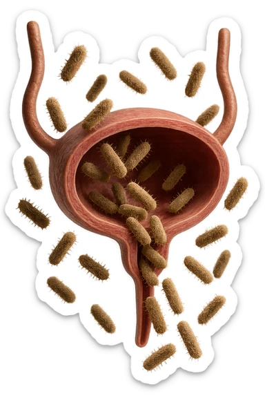 batteri intestinali che migrano ed entrano in una vescica anatomica realistica per infettarla, iperrealistico 4k sticker